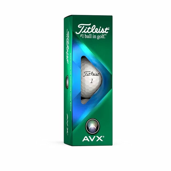Titleist AVX golfballen met logo, een doosje met drie Titleist golfballen er in