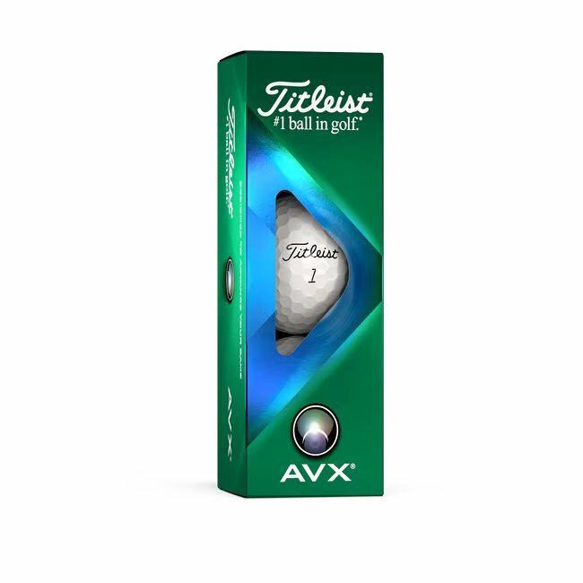 Titleist AVX golfballen met logo, een doosje met drie Titleist golfballen er in