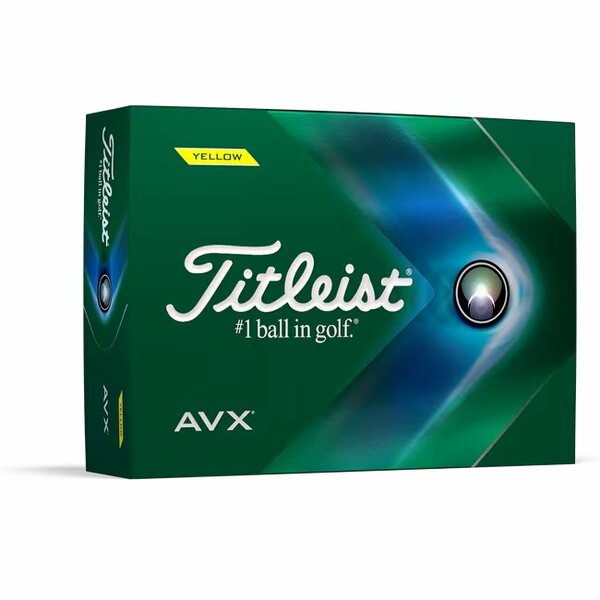 Gele Titleist AVX golfballen met logo, voorkant van de doos
