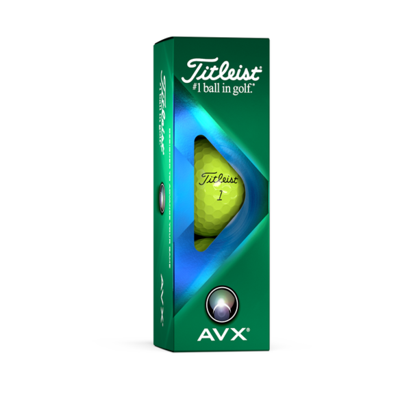 Gele Titleist AVX golfballen met logo, een doosje met drie Titleist golfballen er in