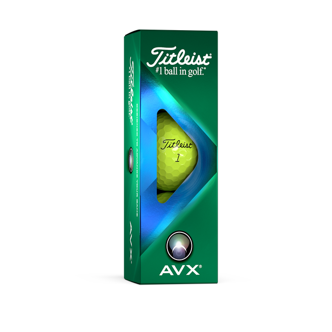 Gele Titleist AVX golfballen met logo, een doosje met drie Titleist golfballen er in